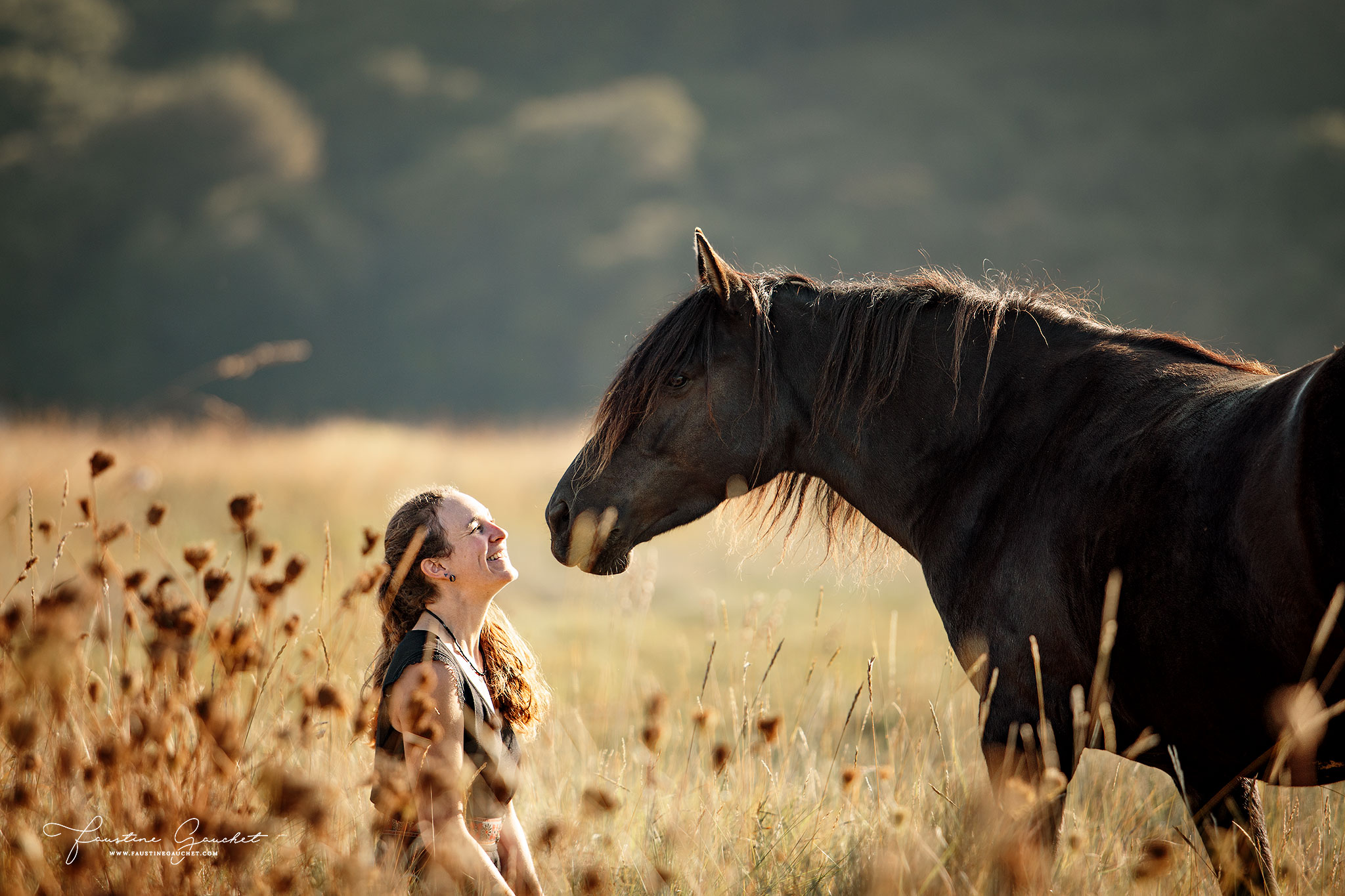 moment complice entre une cavalière et sa jument merens noire séance photo équine par faustine gauchet