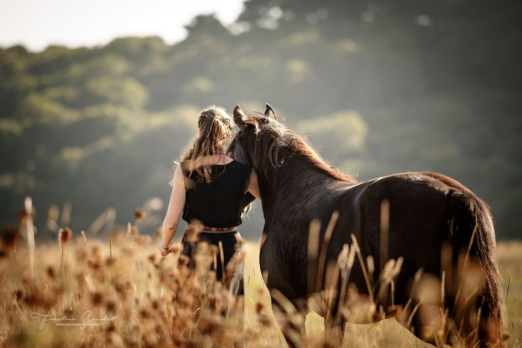 séance photo équine entre une cavalière et sa jument merens noire